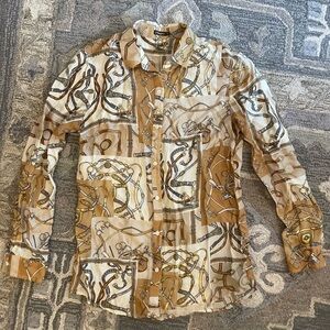 J. McLaughlin silk gold and natural equestrian print blouse size small